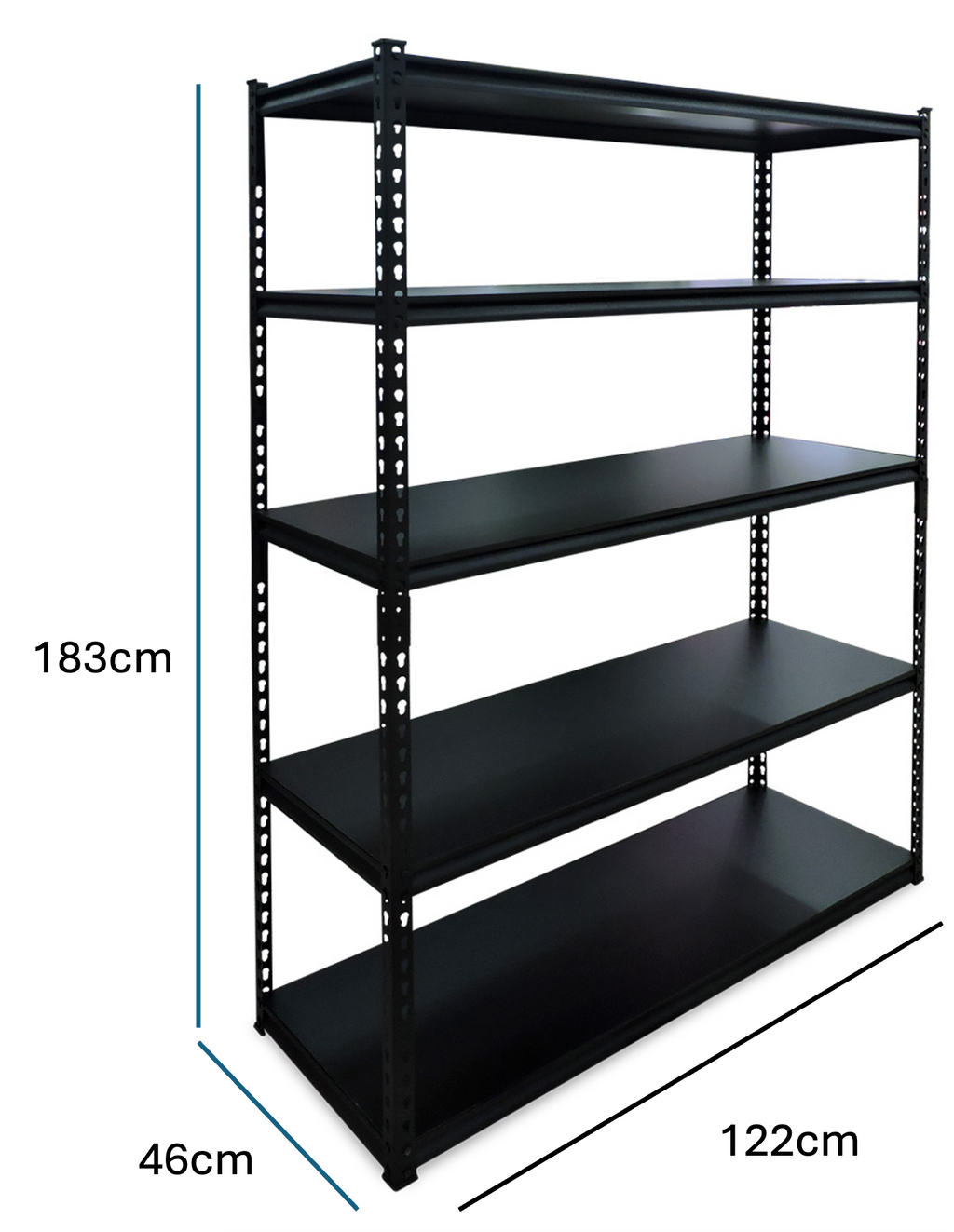 RACK 5 NIVELES NEGRO TABLA LAMINADA 122 X 46 X 183  CARGA 360KG X NIVEL