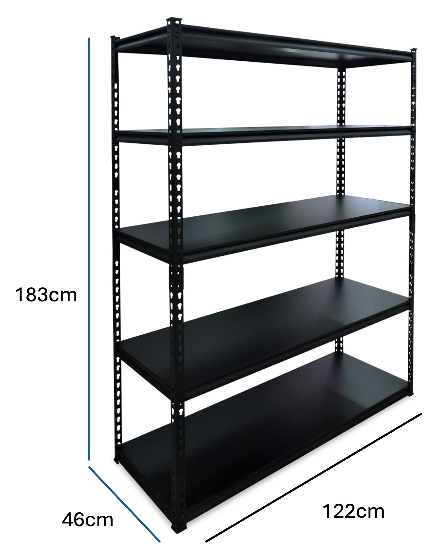 RACK 5 NIVELES NEGRO TABLA LAMINADA 122 X 46 X 183  CARGA 360KG X NIVEL