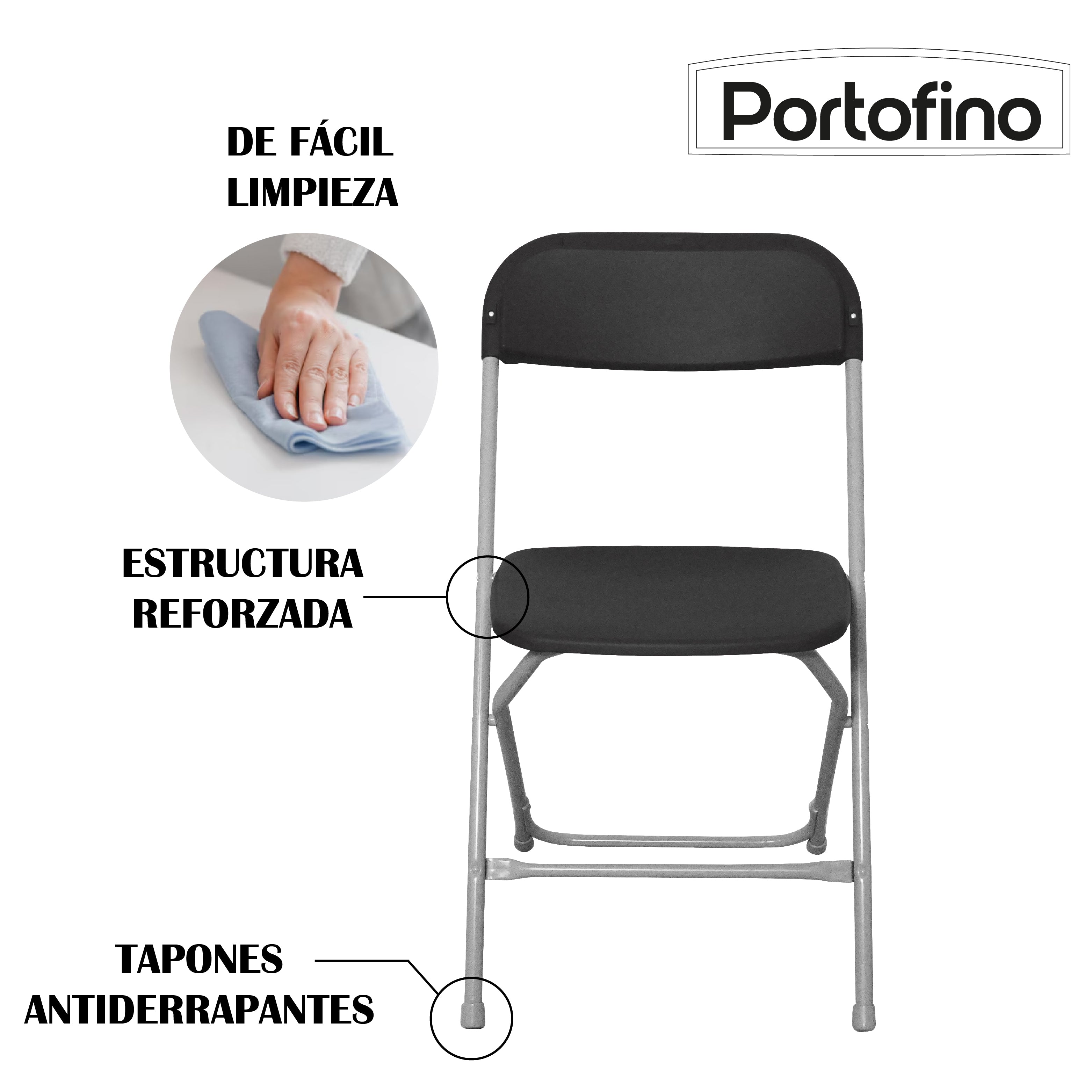 SILLA PLEGABLE NEGRA LIGERA SUPER RESISTENTE MARCA PORTOFINO
