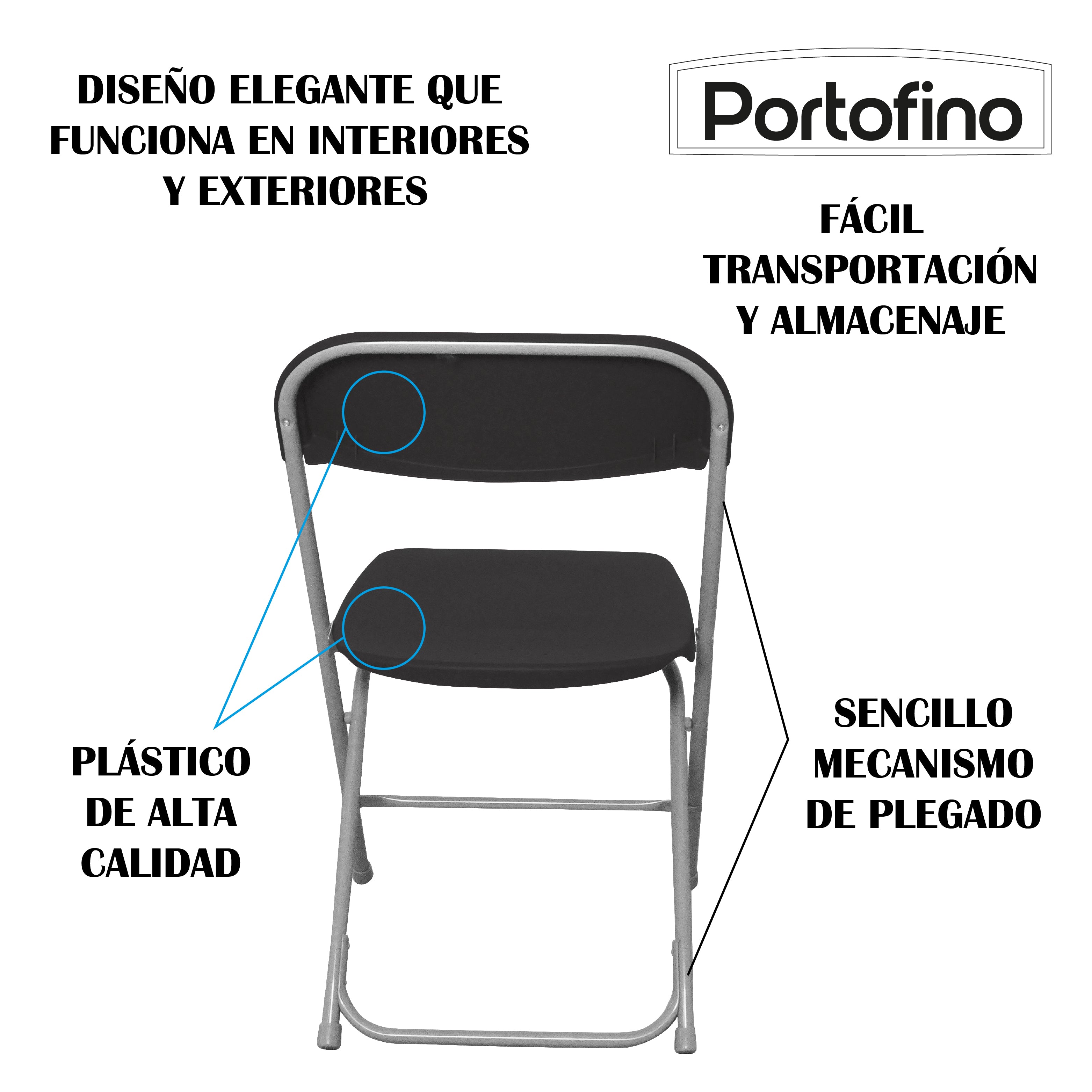 SILLA PLEGABLE NEGRA LIGERA SUPER RESISTENTE MARCA PORTOFINO
