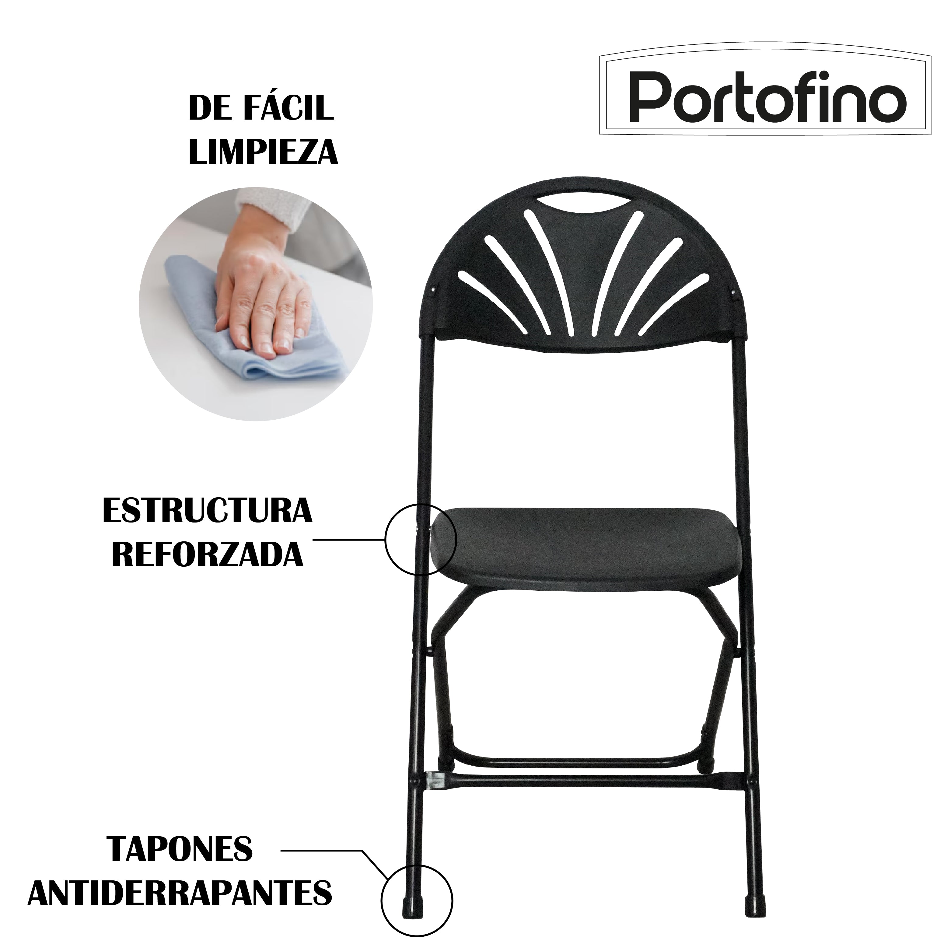 SILLA PLEGABLE REFORZADA NEGRA LIGERA MARCA PORTOFINO