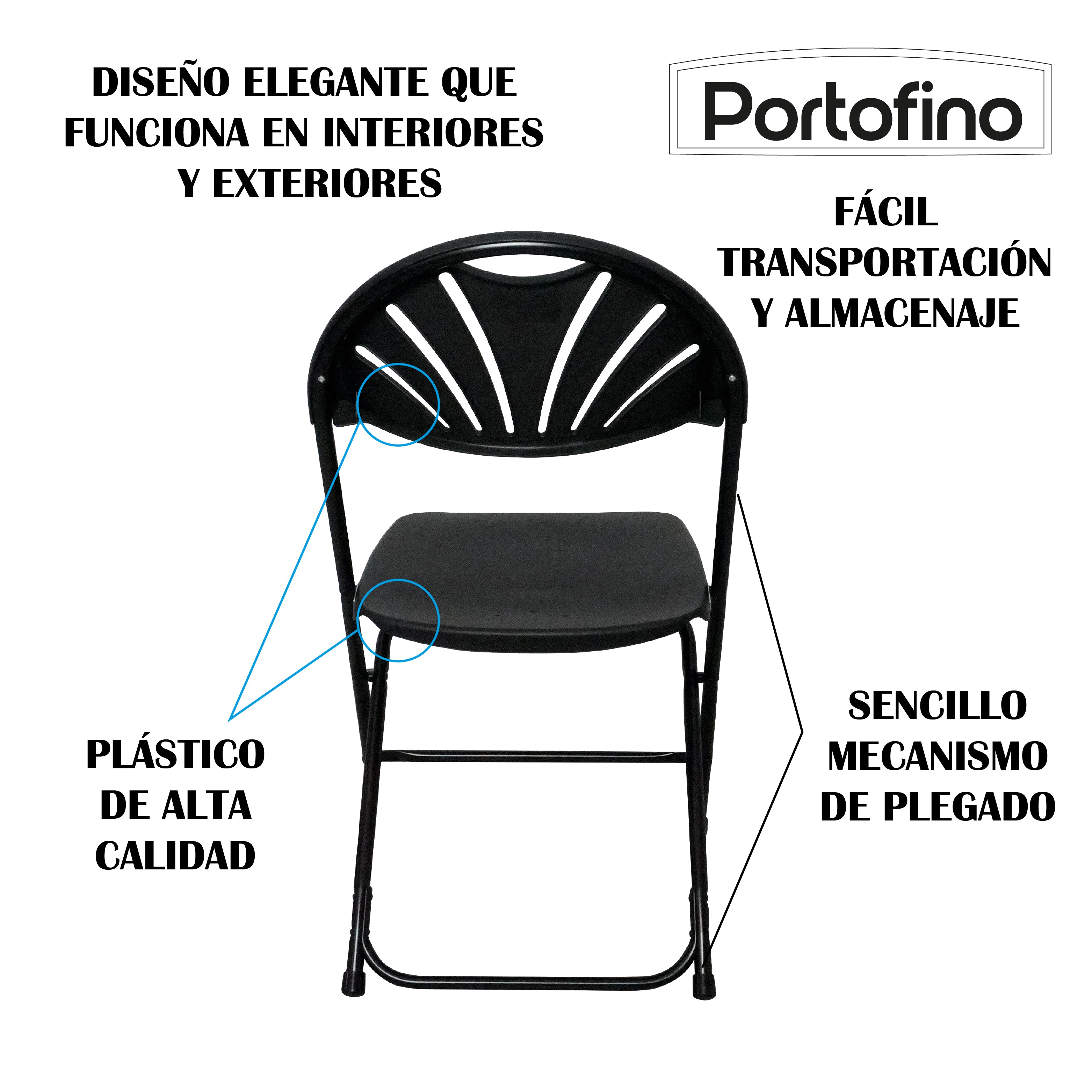 SILLA PLEGABLE REFORZADA NEGRA LIGERA MARCA PORTOFINO