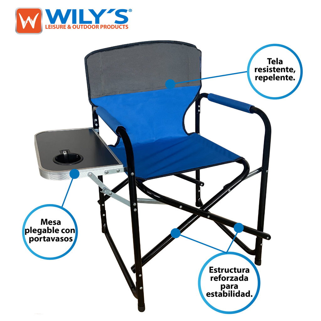 SILLA PLEGABLE CON MESA LATERAL PARA CAMPING JARDIN EVENTOS, ROJO NEGRO AZUL