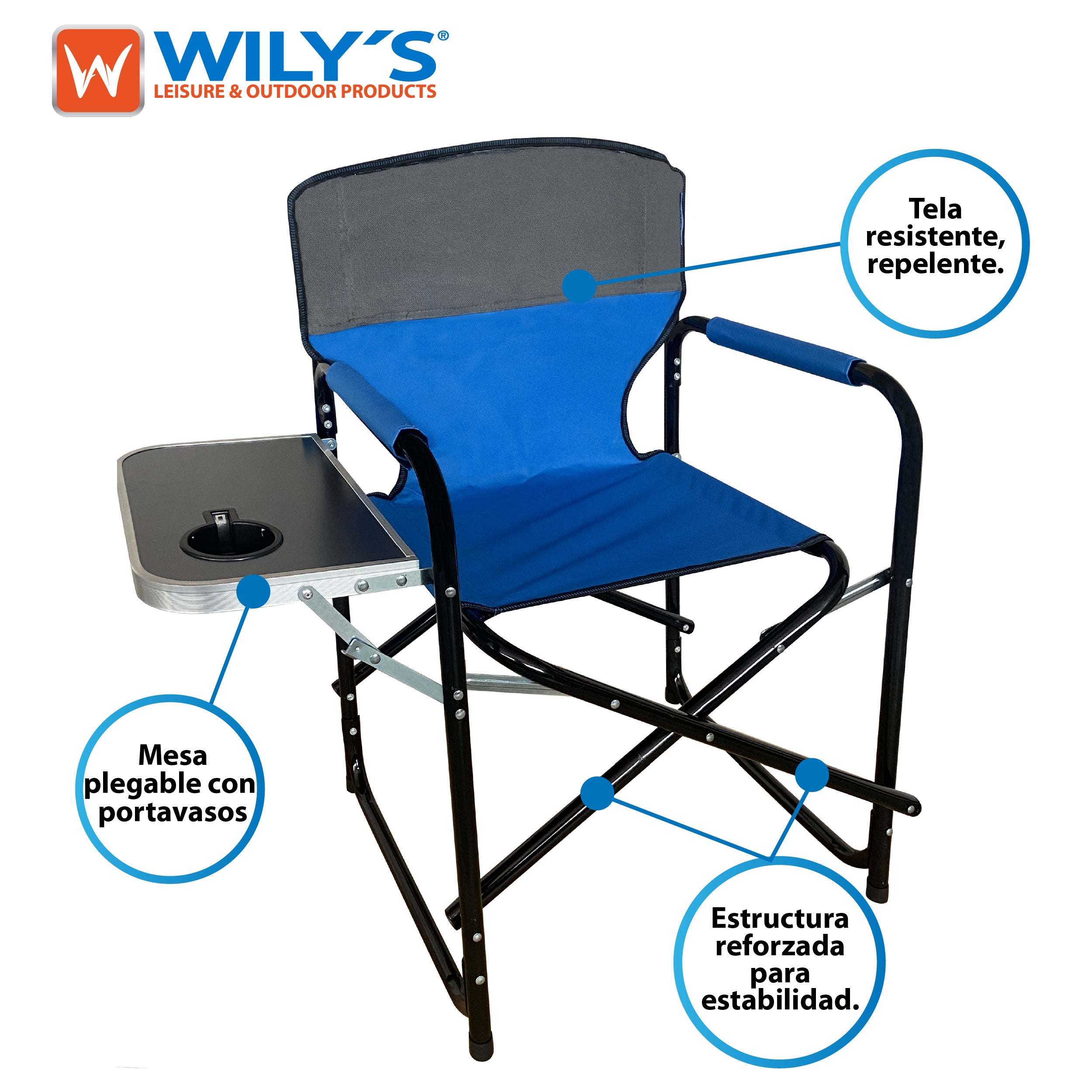 SILLA PLEGABLE CON MESA LATERAL PARA CAMPING JARDIN EVENTOS, ROJO NEGRO AZUL