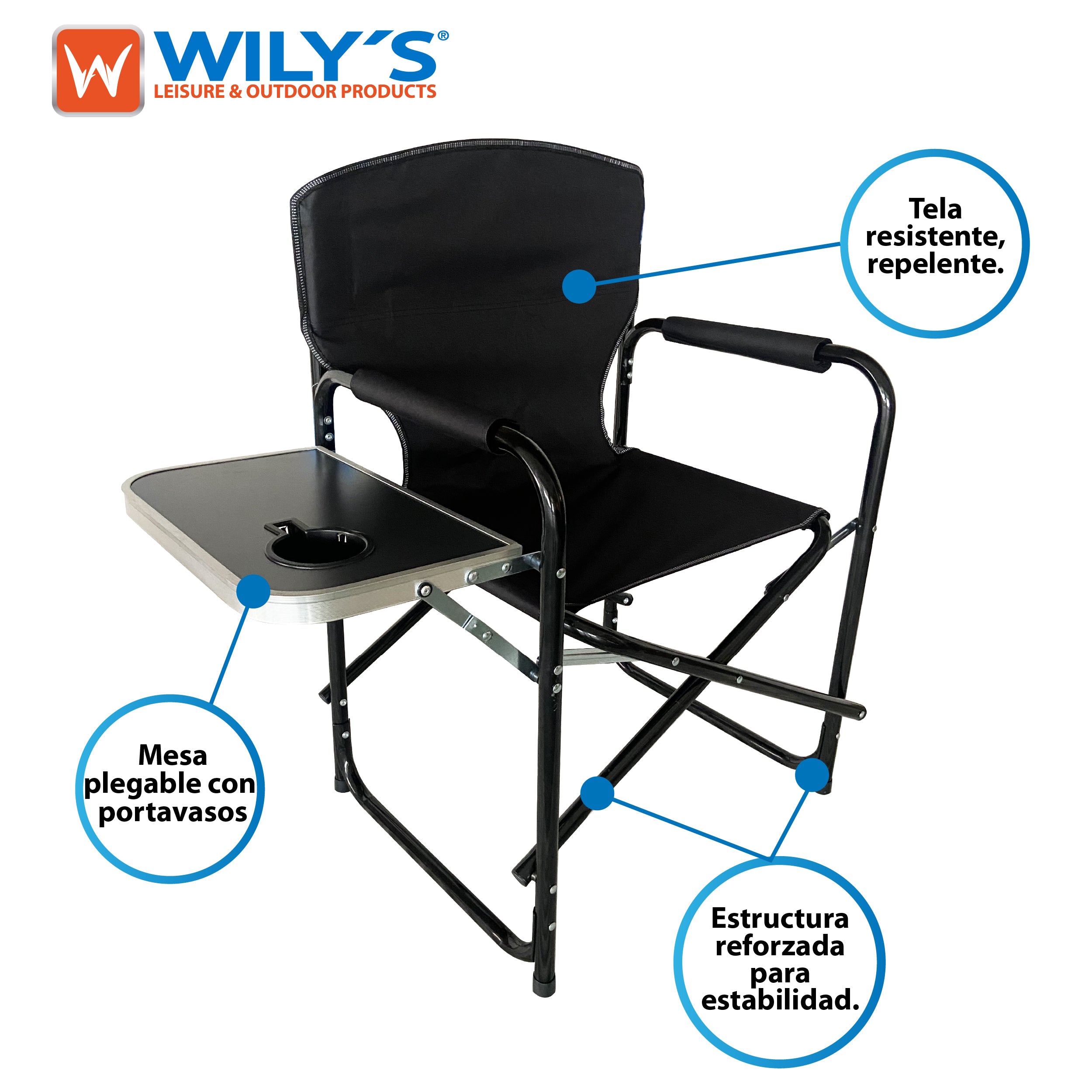 SILLA PLEGABLE CON MESA LATERAL PARA CAMPING JARDIN EVENTOS, ROJO NEGRO AZUL