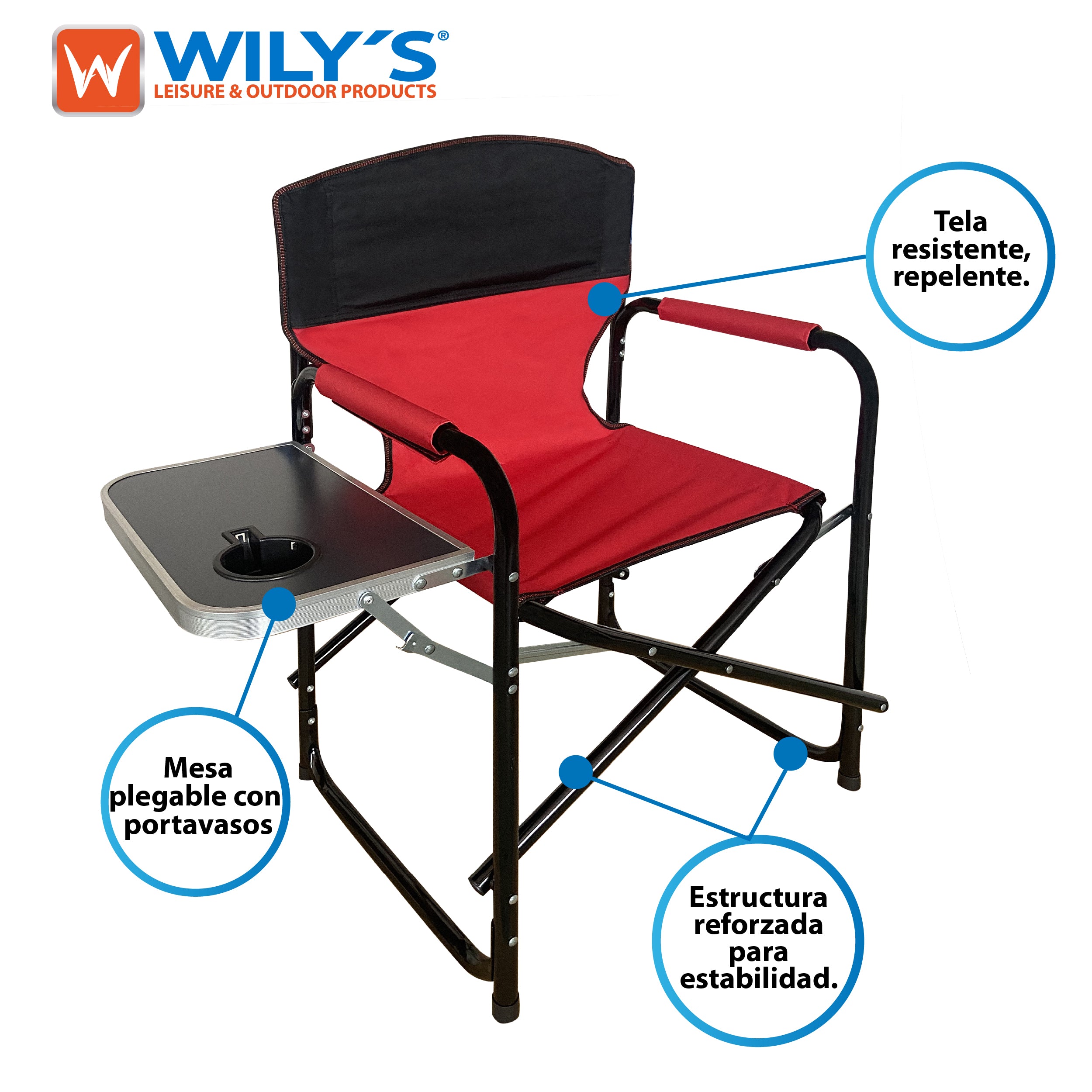 SILLA PLEGABLE CON MESA LATERAL PARA CAMPING JARDIN EVENTOS, ROJO NEGRO AZUL