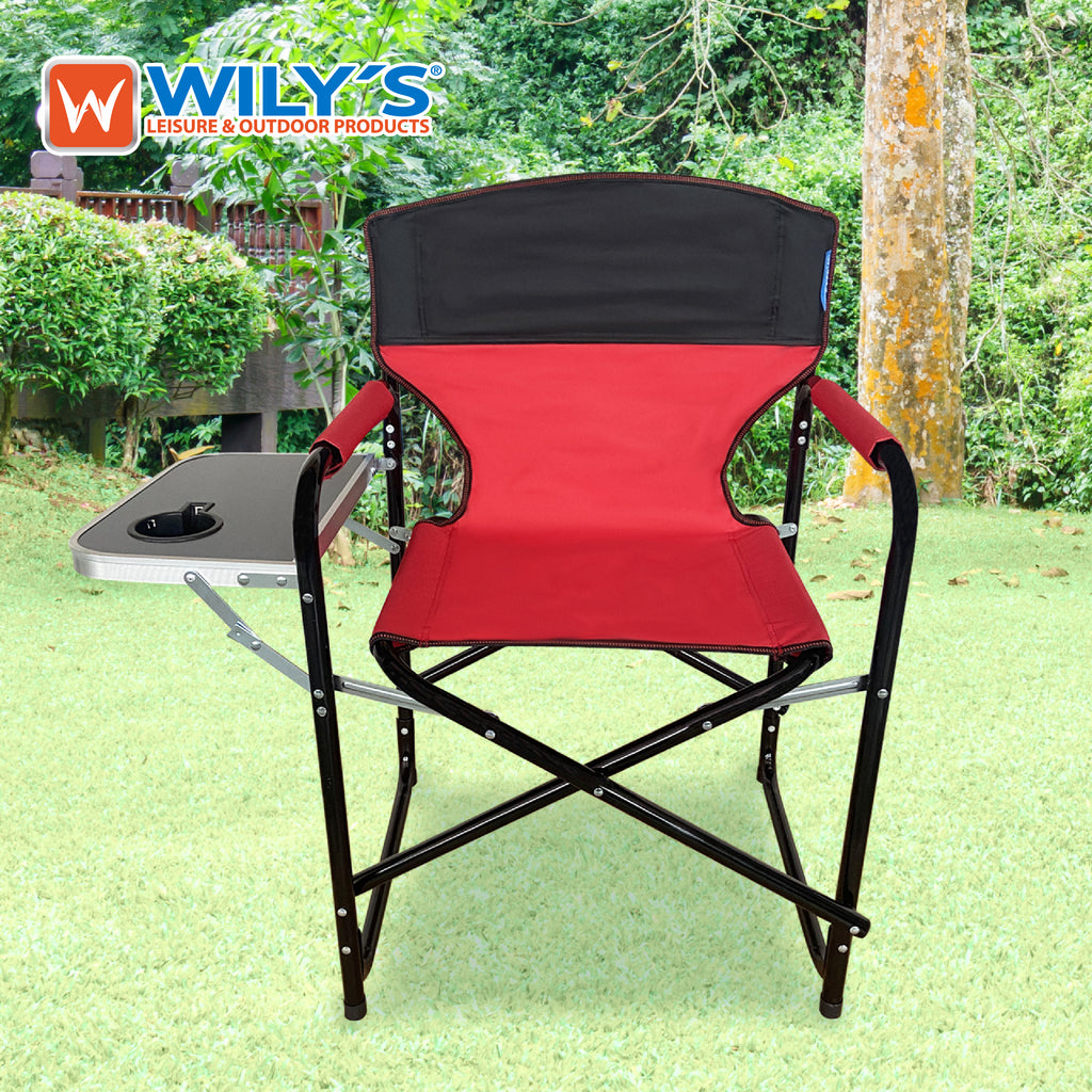 SILLA PLEGABLE CON MESA LATERAL PARA CAMPING JARDIN EVENTOS, ROJO NEGRO AZUL