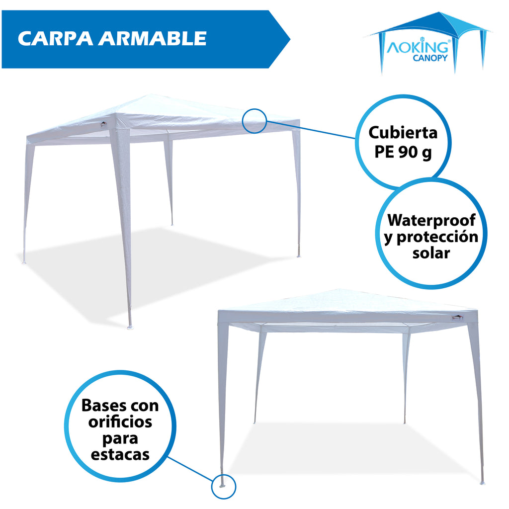 TOLDO ARMABLE MANUAL 3 X 3 2.95 ALTURA  CON CORTINAS. COLOR BLANCO